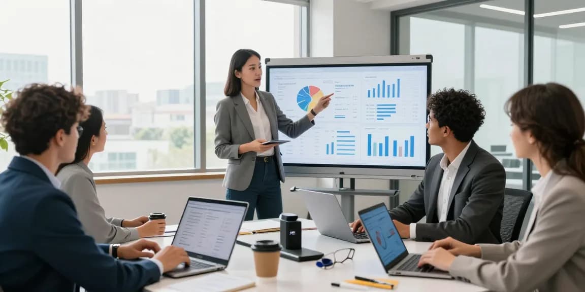 A collaborative office scene showcasing a team working together on the WPS Official Website analytics, reflecting a modern business environment.