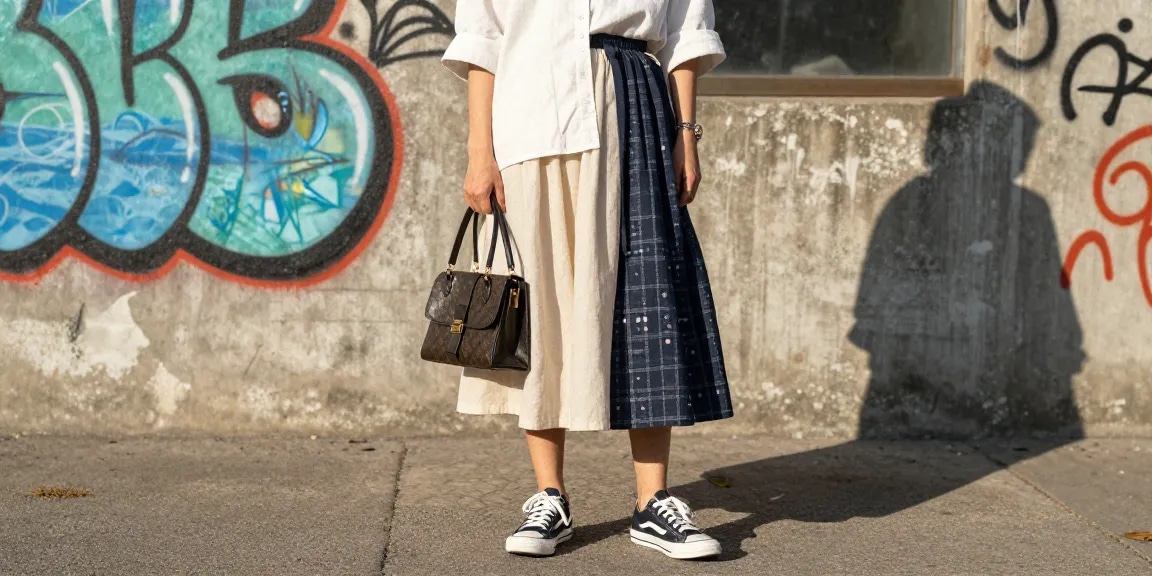 Explore high-quality fashion designs at https://bahanpakaian.com with stylish outfits showcasing unique materials in urban settings.