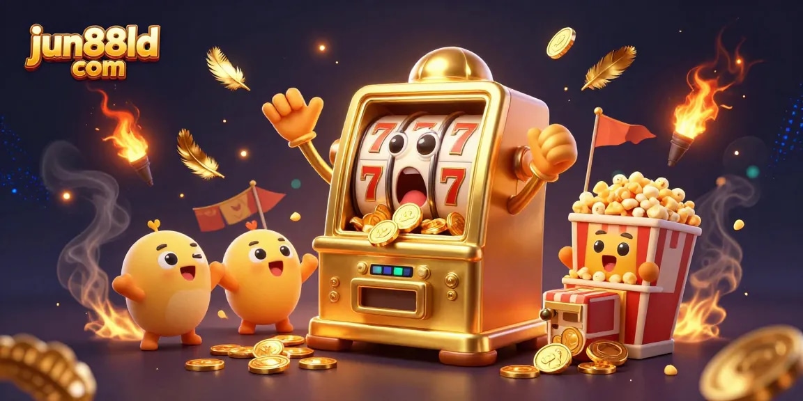 Experience the excitement of jun88ld com with a cartoon slot machine celebrating a jackpot, surrounded by gold coins and vibrant effects.