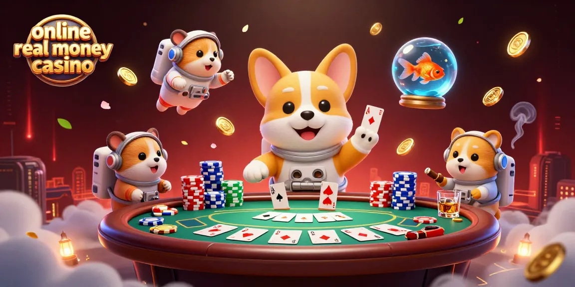 Engage with an online real money casino in zero gravity featuring a corgi and lively casino elements.