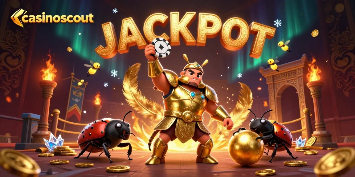casinoscout celebrates victories with a hero beetle winning poker chips in a vibrant casino scene