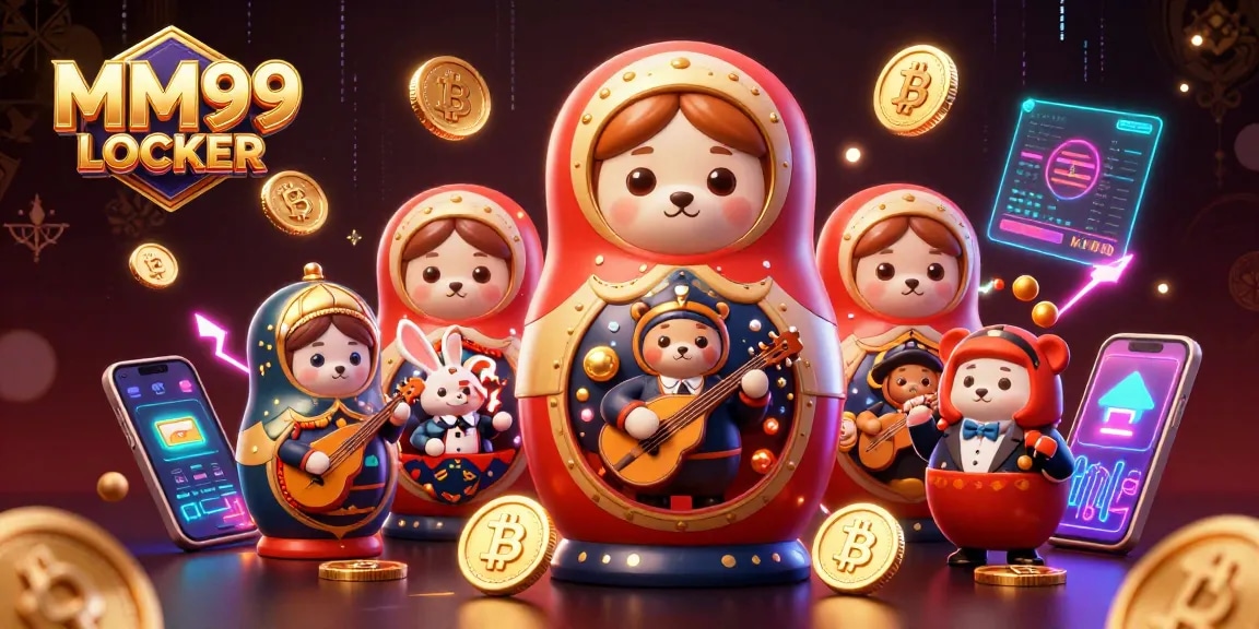 Engage with MM99 LOCKER's vibrant scene showcasing bears and crypto coins in a lively casino atmosphere.