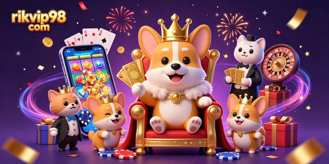 Experience the excitement at rikvip98 com with a royal corgi in a grand casino scene filled with games and rewards.