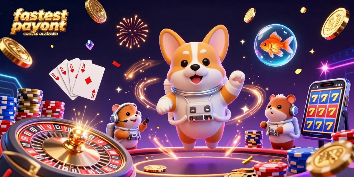 Engage with the fastest payout casinos australia in this vibrant 3D scene featuring a floating astronaut corgi and casino gold.