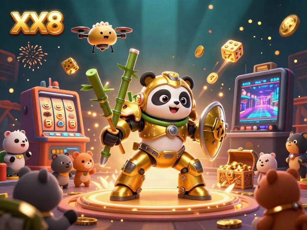 Experience adrenaline-pumping action with XX8 as a golden panda pilots a powered robot amidst a vibrant casino scene.