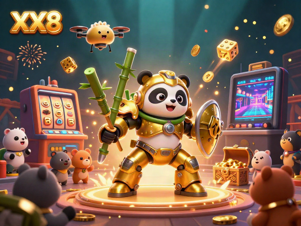 Experience adrenaline-pumping action with XX8 as a golden panda pilots a powered robot amidst a vibrant casino scene.