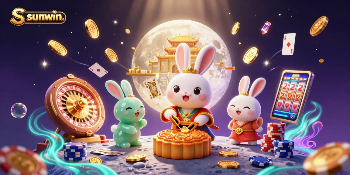 Experience sunwin. magic with moon rabbits revealing poker chips in an enchanting casino scene.