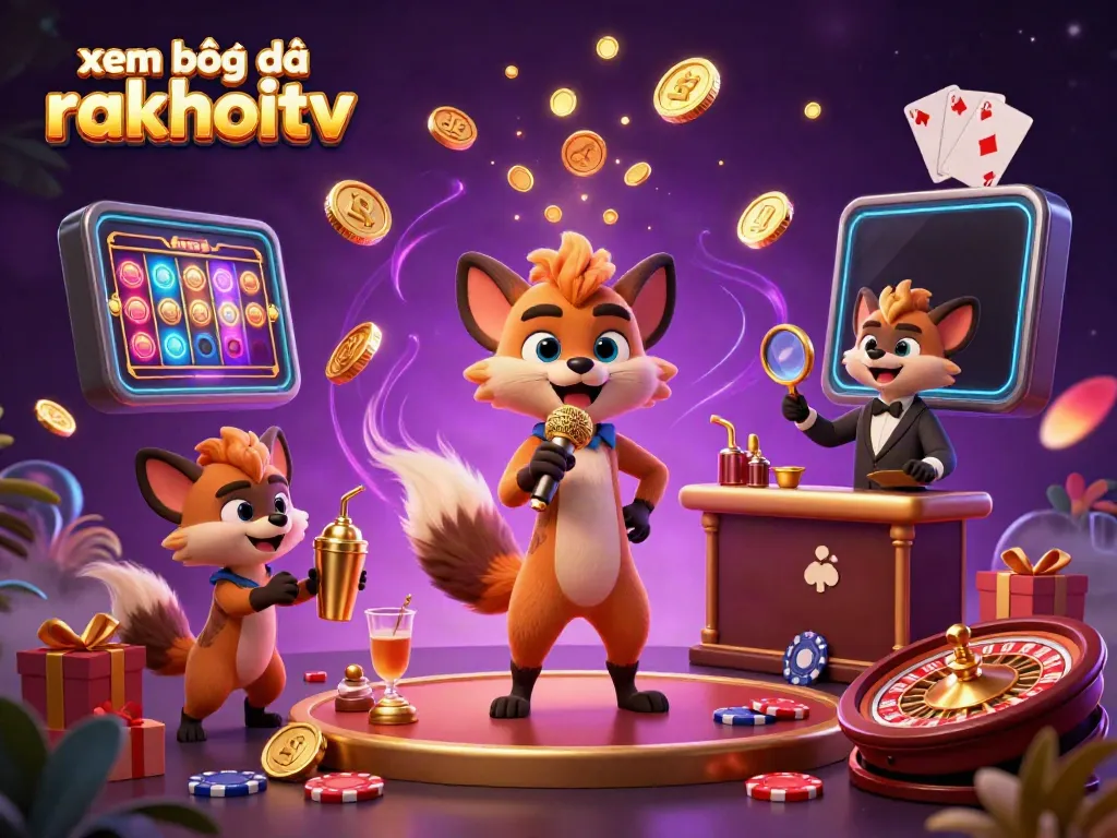 Experience xem bóng đá rakhoitv with an engaging 3D cartoon casino scene where hyenas entertain patrons with jokes and drinks in a vibrant environment.