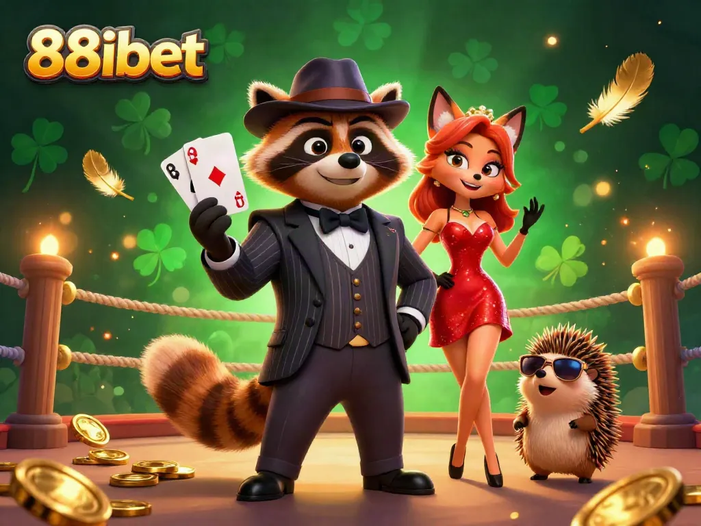 Engage with 88ibet's lively gaming atmosphere featuring a raccoon holding a royal flush amid gold coins and vibrant decor.