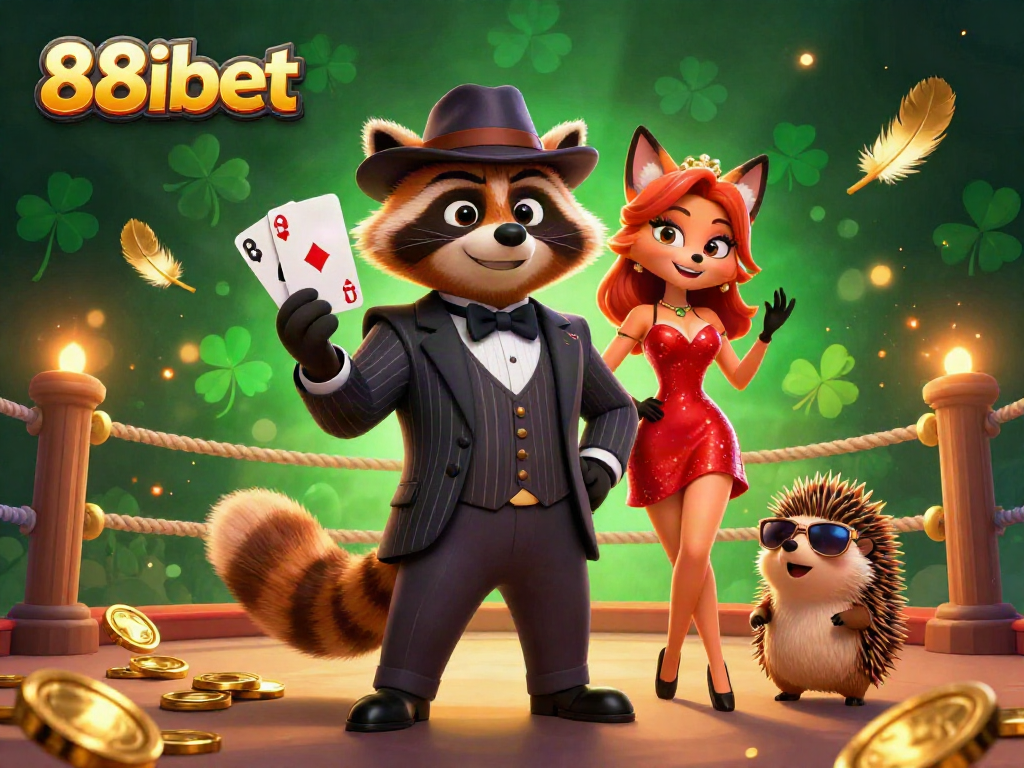 Engage with 88ibet's lively gaming atmosphere featuring a raccoon holding a royal flush amid gold coins and vibrant decor.