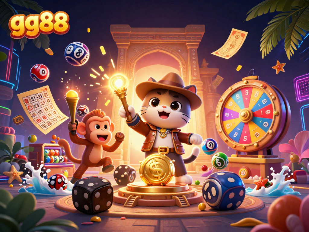 Win big with gg88's thrilling lottery and casino adventures in this vibrant 3D scene.