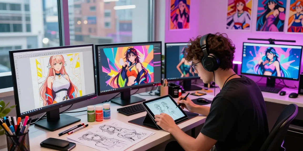 Digital artist creating AI hentai characters in a vibrant studio environment.