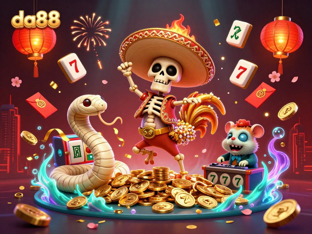 Experience the vibrant da88 casino scene with winning energy from a mariachi rooster, mummy snake, and DJ hamster.