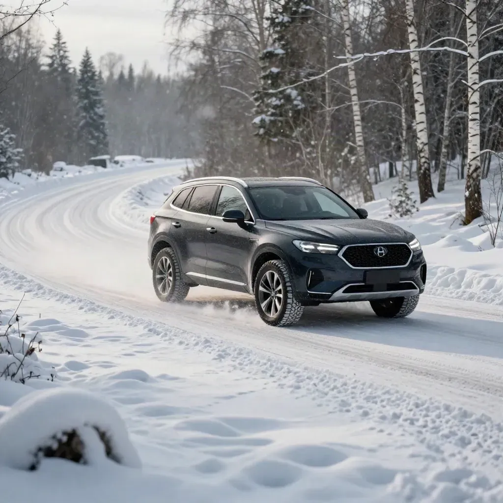 Svart suv tar en vinterkurva på snötäckt landsväg med dubbdäck och snörök.