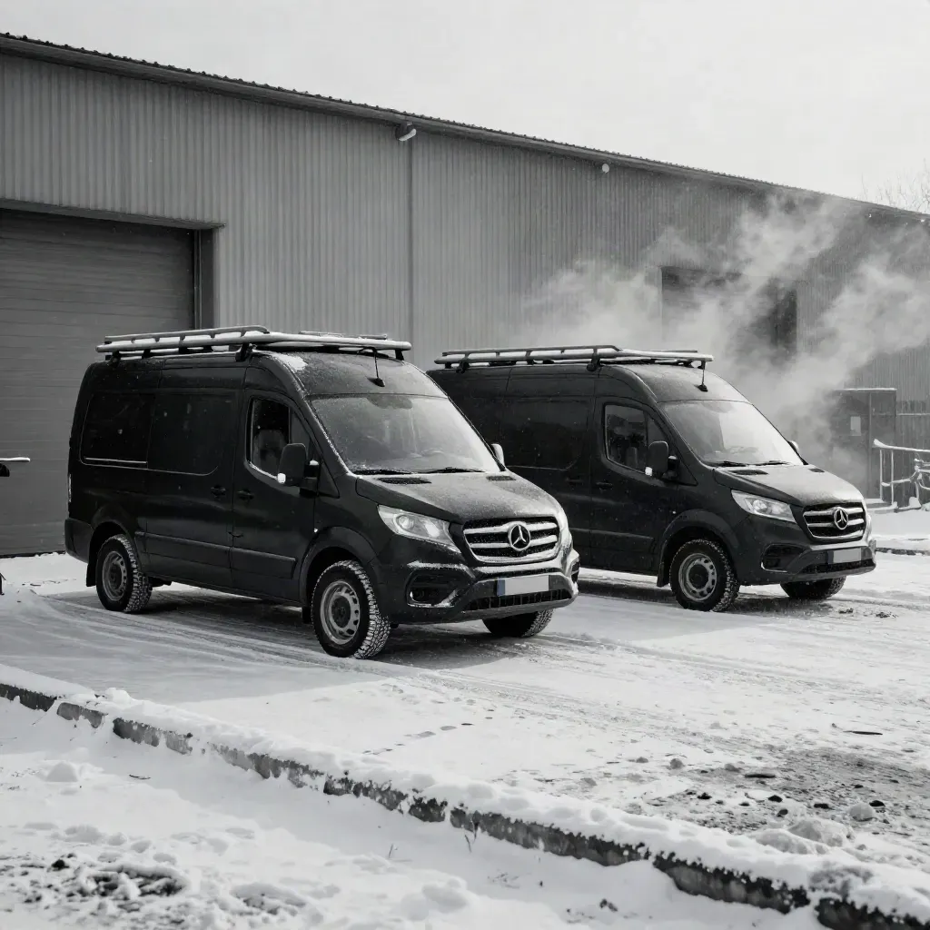 Två mörka servicebilar med takställ och vinterhjul i snöyra vid en industrificka.