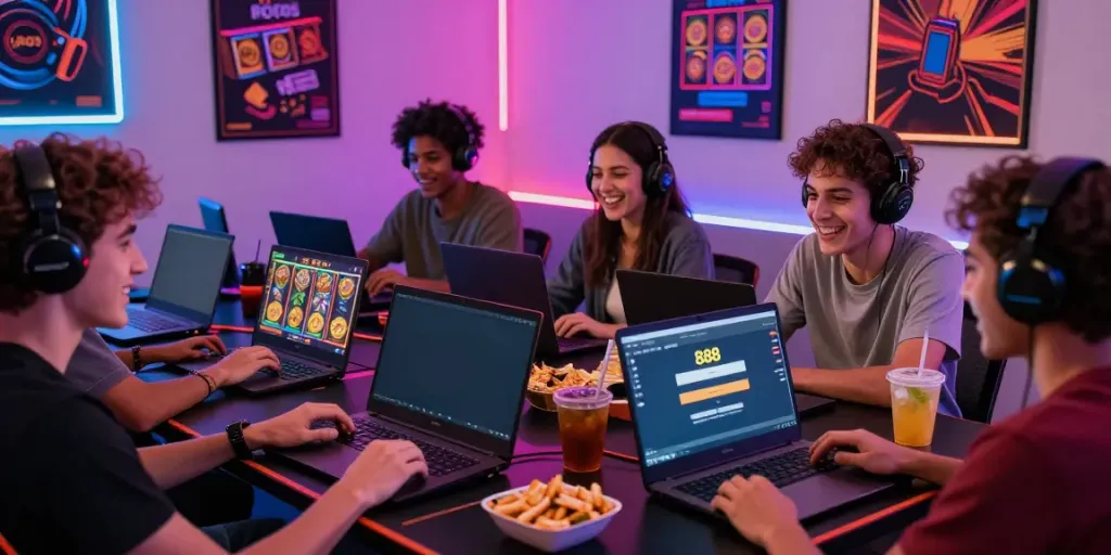 Friends enjoying online gaming while slot88 login screens are visible, creating a lively atmosphere.