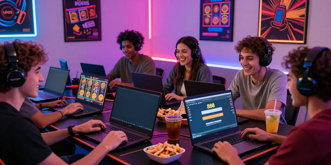 Friends enjoying online gaming while slot88 login screens are visible, creating a lively atmosphere.