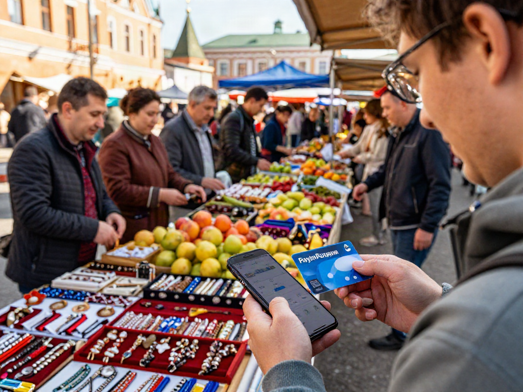 Visita a un mercado en Rusia usando https://payinrussia.com/ para pagos, mostrando cultura y productos locales.