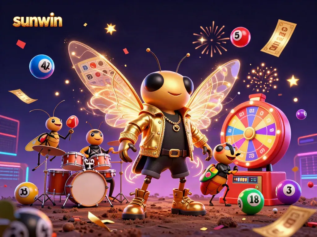 Experience the excitement of sunwin with our vibrant, dynamic illustration showcasing a rock star cicada and casino elements.