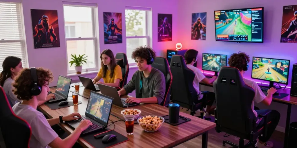 Engaging gaming scene showcasing friends enjoying rokok88 online games together, immersed in a colorful environment.