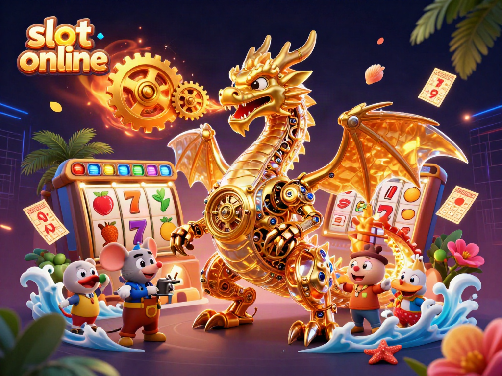 Experience thrilling slot online excitement with a golden dragon and vibrant game elements in unique 3D illustration.