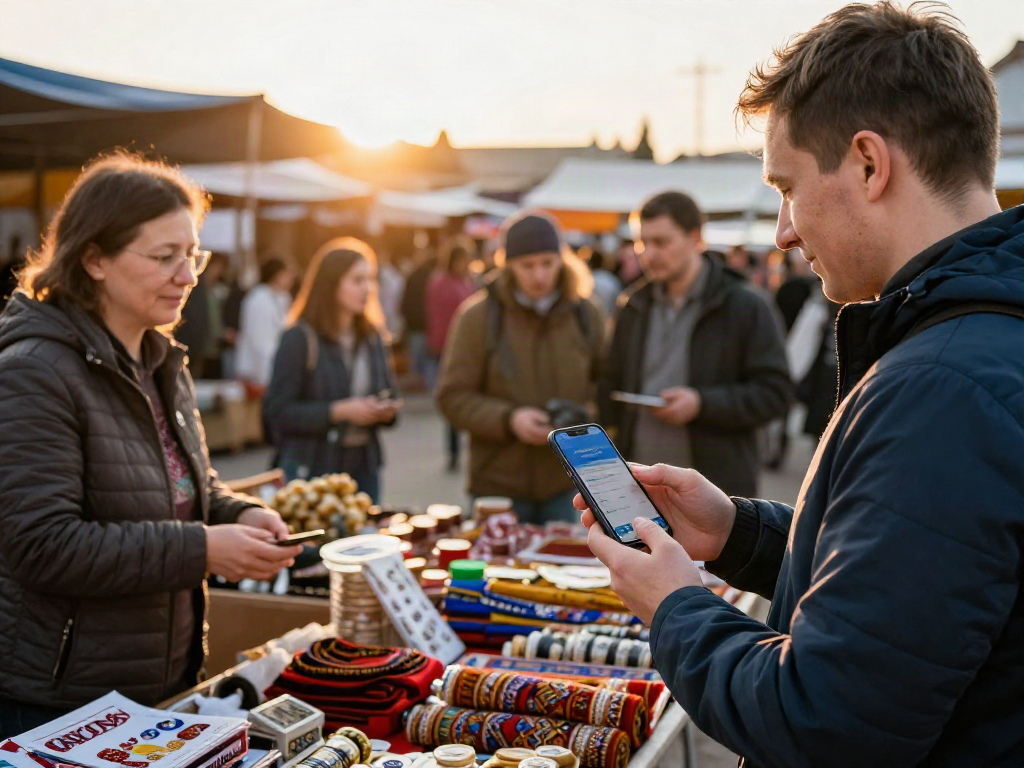 Interacción de un turista usando https://payinrussia.com/ en un mercado ruso, rodeado de artesanías y productos locales.