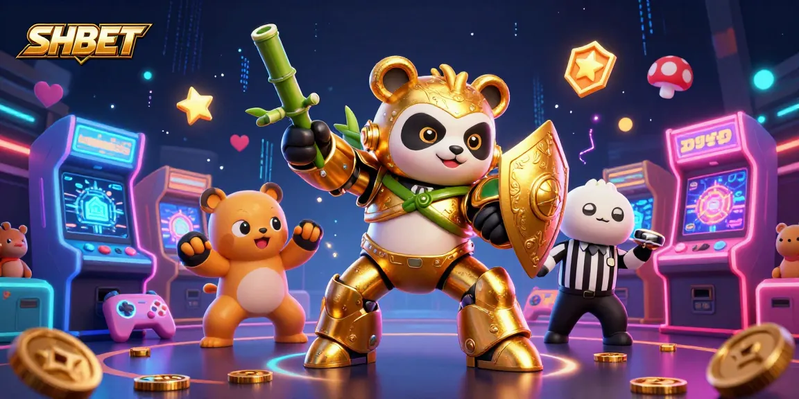 Engaging SHBET 3D casino scene showcasing vibrant game elements and a dynamic mech-suit panda character.